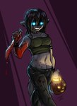 anthro biped blood bodily_fluids breasts clothed clothing female glowing glowing_eyes knife light_from_below midriff nightmare_fuel solo standing tail solidasp mammal unknown_species