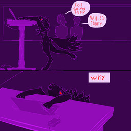anthro computer desk dialogue electronics fur furniture group high-angle_view laptop male male/male side_view table tail thoughtbubble trio toiletdestroyer casualties:_unknown expie_(gunsawian) gunsawian human mammal comic