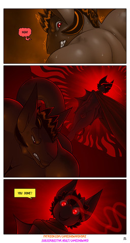 anthro cape clothing dialogue duo glowing glowing_eyes gynomorph intersex intersex/male male james_howard patreon subscribestar aamon_2_(james_howard) tina_(james_howard) bat demon mammal comic hi_res