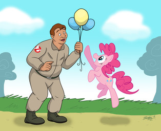 balloon belt blue_eyes brown_hair duo female grass hair inflatable male open_mouth plant tree babsiwuff friendship_is_magic ghostbusters hasbro my_little_pony the_real_ghostbusters pinkie_pie_(mlp) raymond_stantz equid equine horse human mammal pony crossover hi_res