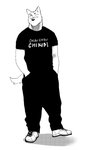 anthro biped bottomwear clothed clothing footwear fur male pants plantigrade shirt shoes sneakers solo t-shirt topwear white_body white_fur nomifuki shiro_(nomifuki) canid canine canis domestic_dog mammal 2020 hi_res monochrome