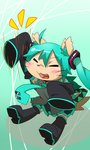 anthro armwear biped blush bottomwear brown_body brown_fur clothed clothing cosplay cute_fangs eyes_closed fangs female fur green_hair hair kemono legwear necktie open_mouth pigtails shirt skirt solo teeth topwear hinami vocaloid hatsune_miku mammal 2010