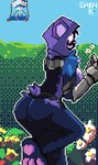 anthro armored_gloves big_breasts big_butt breasts butt cat_smile detailed_background empty_eyes female flower fur garden happy plant purple_body purple_fur purple_hood shadow_face solo solo_focus thick_thighs white_eyes wide_hips shen-k epic_games fortnite raven_team_leader bear mammal digital_media_(artwork) hi_res pixel_(artwork)