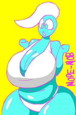 big_breasts bouncing_breasts breasts clothed clothing female hair huge_breasts not_furry open_mouth simple_background slightly_chubby solo white_hair yellow_background aboynamedcandy ghost humanoid mammal spirit 2d_animation animated frame_by_frame loop