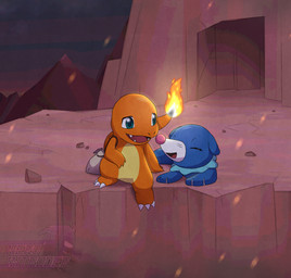 ambiguous_gender backpack bag blue_body cave claws cliff_side cloud cloudy_sky duo fangs feral fire frill_(anatomy) happy looking_at_another mountain neck_frill open_mouth orange_body rock semi-anthro sitting sky teal_eyes teeth nerointruder nintendo pokemon pokemon_mystery_dungeon spike_chunsoft charmander generation_1_pokemon generation_7_pokemon mammal pokemon_(species) popplio scalie hi_res