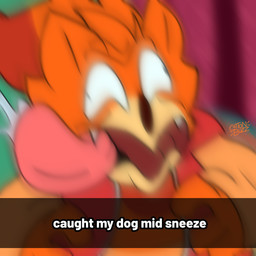 ambiguous_gender blurry_screencap fangs feral fur making_faces open_mouth orange_body orange_fur sneeze solo teeth text tongue tongue_out unfortu-nate nintendo pokemon peno_(unfortu-nate) generation_10_pokemon pokemon_(species) pombon 1:1 2026 digital_media_(artwork) english_text hi_res