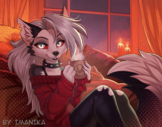 4_fingers anthro biped claws clothed clothed_anthro clothed_female clothing collar female finger_claws fingers front_view fur grey_body grey_fur grey_hair grey_tail hair holding_object inner_ear_fluff inside legwear looking_at_viewer red_sclera sitting solo spiked_collar spikes steam tail teeth thigh_highs tuft white_eyes window imanika hellaverse helluva_boss mythology loona_(helluva_boss) canid canid_demon canine demon hellhound mammal mythological_canine mythological_creature 2025 digital_drawing_(artwork) digital_media_(artwork)