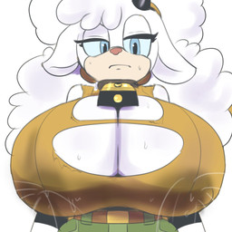 anthro bell bell_collar big_breasts blue_eyes bodily_fluids breasts cleavage clothed clothing collar female horn lactating looking_at_viewer solo wardrobe_malfunction simoncross idw_publishing sega sonic_the_hedgehog_(comics) sonic_the_hedgehog_(idw) sonic_the_hedgehog_(series) lanolin_the_sheep_(sonic) bovid caprine mammal sheep