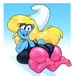 bent_over big_breasts big_butt black_eyes blonde_hair blue_body bottomwear breasts butt clothing female hair hat headgear headwear heart_pupils huge_breasts huge_butt kneeling leotard looking_at_viewer looking_back not_furry open_mouth pants solo tail thick_thighs yoga_pants somescrub the_smurfs smurfette humanoid smurf 2022 hi_res