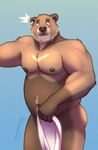 anthro beard belly big_belly blush covering covering_crotch ear_piercing facial_hair looking_at_viewer male musclegut muscular navel nipples nude piercing solo standing startled surprised_expression amarox ewan_(amarox) bear brown_bear grizzly_bear mammal ursine digital_drawing_(artwork) digital_media_(artwork) hi_res