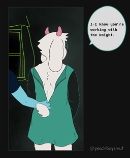 ambiguous_gender ambiguous_human anthro assisted_exposure bedroom blue_body clothed clothed_anthro clothed_male clothing dialogue dress duo eyewear femboy fur glasses green_clothing green_dress horn inside long_ears male rear_view speech_bubble text unzipped unzipping wearing_glasses white_body white_fur window zipper peachboysmut deltarune undertale_(series) kris_dreemurr ralsei bovid caprine darkner goat human mammal 2026 comic digital_media_(artwork) english_text hi_res