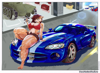 anthro belly big_breasts big_butt bottomwear breasts butt car car_keys clothed clothing crop_top female garage outside rally_car shirt shorts solo thick_thighs topwear vehicle danmateostudios audi_quattro dodge_viper toofer felid feline mammal sabertooth_feline absurd_res hi_res