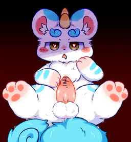 animal_genitalia animal_penis arm_markings balls blue_body blue_ear_tips blue_eyebrows blue_fur blue_tail blush blush_lines bodily_fluids censor_bar dipstick_ears drooling ear_markings erection eyebrows feet feet_in_air feral fur genitals green_eyes heart_eyes heart_symbol horn inner_ear_fluff lying male male_feral markings multicolored_body multicolored_ears multicolored_fur on_back open_mouth pawpads paws penis pink_inner_ear round_ears saliva simple_background smile solo tail tuft two_tone_body two_tone_fur white_body white_fur unknown_artist asian_mythology chinese_mythology east_asian_mythology fabulous_beasts fenz_(studio) mythology tianlu_(fabulous_beasts) canid canine mammal mythological_creature pixiu absurd_res censored digital_media_(artwork) hi_res