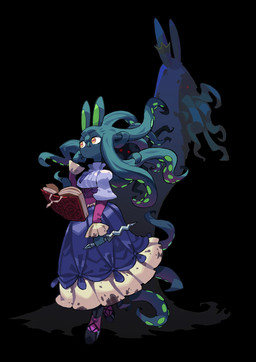 anthro book boots clothed clothing dagger dress duo female footwear green_inner_ear high_heeled_boots high_heels holding_knife holding_object holding_weapon knife looking_aside melee_weapon open_book pupils red_eyes shoes simple_background suction_cup tentacles unusual_pupils weapon niking great_old_bun_(niking) octobun_(niking) aquatic cephalopod coleoid hybrid lagomorph mammal mollusk octopodiform octopus hi_res