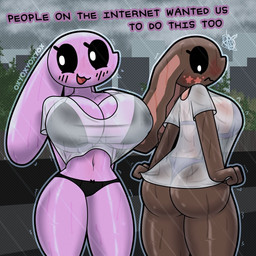 anthro big_breasts big_butt biped black_sclera blush blush_lines bra breasts brown_body butt clothed clothing dialogue duo emanata eyelashes facial_markings female front_view frustration_cloud glistening glistening_body head_markings iconography long_ears looking_down markings monotone_body navel open_mouth open_smile outside panties pink_body raining smile standing text thick_thighs topwear translucent translucent_clothing underwear white_eyes wide_hips oxyoxyoxyox cinnamon_(oxyoxyoxyox) marshmallow_(oxyoxyoxyox) lagomorph leporid mammal rabbit 1:1 2023 artist_name digital_drawing_(artwork) digital_media_(artwork) english_text hi_res