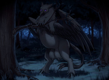 beak bedroom_eyes big_teats black_beak black_body black_feathers black_fur black_nipples claws crotch_breasts feathered_wings feathers female feral forest fur hooves looking_at_viewer narrowed_eyes nature night nipples on_hind_legs plant purple_eyes scuted_arms scutes seductive solo teats tree wings miramint european_mythology greek_mythology mythology brungeila_(thaeliscyn) avian hippogriff mythological_avian mythological_creature hi_res