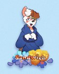 anthro black_nose blue_background blue_clothing blue_hoodie blue_topwear brown_body brown_ears brown_eyes brown_fur brown_hair brown_tail clothing eyelashes female flower front_view fur green_eyes hair half-closed_eyes hand_on_hand hand_on_own_hand hoodie looking_at_viewer mismatched_ears multicolored_body multicolored_ears multicolored_fur multicolored_hair narrowed_eyes plant simple_background solo tail text tongue topwear two_tone_ears two_tone_hair two_tone_tail white_body white_ears white_fur white_hair datbx canid canine canis domestic_dog mammal 2024 digital_media_(artwork) hi_res