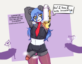 anthro balls_in_underwear big_penis blue_hair bottomwear clothed clothing crossdressing cybernetic_arm cybernetic_limb disability erection erection_under_skirt femboy genitals group hair heart_symbol legwear male male/male midriff musk penis prosthetic prosthetic_arm prosthetic_limb scar skirt solo_focus standing stockings text polygonheart ming_yao_(thepolygonheart) bear giant_panda mammal english_text
