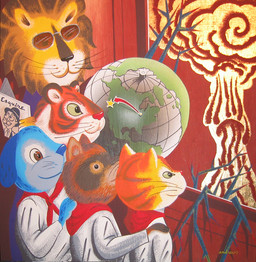 ambiguous_gender anthro clothing cloud cult dead_tree eyewear globe group male mushroom_cloud plant school_uniform smile standing star sunglasses tree uniform what whiskers young young_ambiguous young_anthro andrew_brandou canid canine canis domestic_cat domestic_dog felid feline felis lion mammal pantherine procyonid raccoon tiger 2007 signature