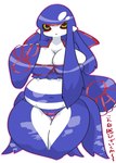 2024 absurd_res anthro ashi_foot belly big_breasts bikini black_sclera blue_bikini blue_body blue_clothing blue_hair blue_skin blue_swimwear blush breasts cleavage clothed clothing colored curvy_figure digital_media_(artwork) eye_markings female female_anthro fin front_view full-length_portrait generation_3_pokemon hair hi_res huge_breasts japanese_text kemono kyogre legendary_pokemon long_hair looking_at_viewer marine markings monotone_hair navel nintendo overweight overweight_anthro overweight_female pokemon pokemon_(species) pokemorph portrait pupils red_markings simple_background solo standing swimwear text thick_thighs translated two-piece_swimsuit voluptuous white_background white_body white_skin wide_hips yellow_eyes