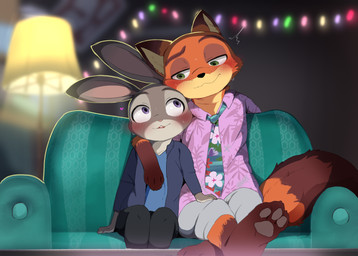 anthro biped blush detailed_background duo female fingers fur furniture green_eyes grey_body grey_fur heart_symbol male on_sofa orange_body orange_fur pawpads pink_nose pupils purple_eyes sofa tail teeth dagasi disney zootopia judy_hopps nick_wilde canid canine european_rabbit fox lagomorph leporid mammal oryctolagus rabbit red_fox true_fox 2025 hi_res