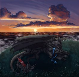 black_body black_skin claws cloud detailed_background duo eyes_closed feral lying male male/male membrane_(anatomy) membranous_wings outside sky sunset tail wings iero-lau dreamworks european_mythology how_to_train_your_dragon mythology spectre_(spectre118) toothless dragon fury_(httyd) ghost mythological_creature mythological_scalie night_fury scalie spirit undead western_dragon hi_res brother_(lore) brothers_(lore) sibling_(lore)