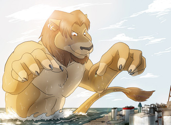 anthro beard brown_beard brown_facial_hair building claws closed_smile day ear_piercing ear_ring facial_hair finger_claws fur macro male male_anthro mouth_closed nude orange_eyes partially_submerged piercing ring_piercing sky smile solo tail tail_tuft tuft wet wet_body wet_fur solaxe_(artist) felid lion mammal pantherine