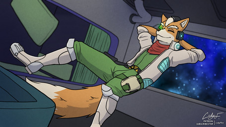bedroom clothed clothing eyes_closed floating fur gravity male orange_body orange_fur relaxing smile space spaceship_background spaceship_interior codyf0xx nintendo star_fox fox_mccloud 16:9 hi_res widescreen