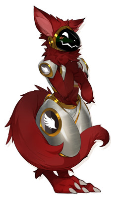 anthro blush featureless_crotch fur grey_body machine male male_anthro neck_tuft nude protogen_visor red_body red_fur simple_background solo standing tuft white_background darkgem protogen absurd_res full-length_portrait hi_res portrait