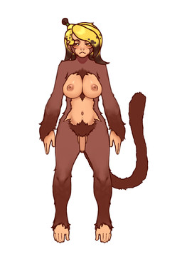 anthro areola balls biped blonde_hair breasts brown_body brown_fur brown_hair fur genitals gynomorph hair humanoid_genitalia humanoid_penis intersex nipples nude orange_eyes penis solo eggddemon guarana_(heppysugoi) haplorhine mammal monkey primate 2026 digital_drawing_(artwork) digital_media_(artwork) hi_res