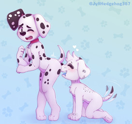 anthro black_ears black_spots bodily_fluids butt_sniffing collar collar_tag drooling duo floppy_ears fur heterochromatic_ears male male/male markings nose_to_anus red_collar saliva sniffing spots spotted_body spotted_fur star_collar_tag tail tail_motion tailwag white_body white_fur white_spots young young_anthro jyllhedgehog367 101_dalmatian_street 101_dalmatians disney dylan_(101_dalmatians) fan_character canid canine canis dalmatian domestic_dog mammal hi_res