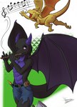 anthro black_body clothed clothing duo feral gold_body male music purple_eyes short_stack simple_background tail text scalesindark mythology dragon kobold mythological_creature mythological_scalie scalie urd digital_media_(artwork) hi_res url