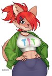 alternate_species anthro big_breasts black_eyes blue_bottomwear blue_clothing blue_skirt blush bottomwear breasts brown_body brown_fur brown_nose choker clothed clothing ear_piercing eyelashes fangs female front_view fur green_clothing green_topwear hair hair_over_eye hand_on_hip jewelry looking_at_viewer necklace open_clothing open_topwear piercing ponytail red_hair simple_background skirt solo tan_body tan_fur teeth topwear white_background white_clothing white_topwear wide_hips kurupi_(artist) cartoon_network foster's_home_for_imaginary_friends frankie_foster mammal