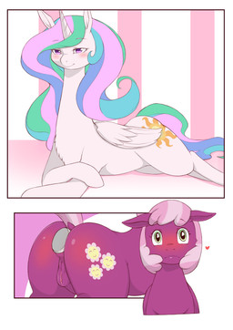 anal anal_penetration animal_genitalia animal_vulva anus buttplug buttplug_in_ass buttplug_insertion duo equine_anus equine_genitalia equine_vulva female feral fur genitals hair heart_symbol multicolored_hair object_in_ass penetration plug_(sex_toy) plug_insertion puffy_anus pupils purple_body sex_toy sex_toy_in_ass sex_toy_insertion vulva white_body white_fur cold-blooded-twilight friendship_is_magic hasbro my_little_pony cheerilee_(mlp) princess_celestia_(mlp) equid equine mammal absurd_res comic hi_res