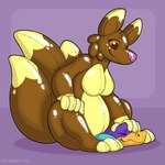 animate_inanimate anthro brown_body canid canine duo eyes_closed fox hi_res inflatable living_inflatable mammal orange_eyes pool_toy purple_body simple_background sitting symrea