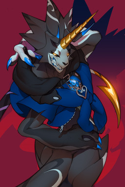 anthro black_body black_sclera bottomless butt clothed clothing grin horn jacket jewelry male necklace pose smile solo stinger stinger_tail tail topwear yellow_eyes okithau bandai_namco digimon digimon_(species) gulusgammamon scalie hi_res pinup
