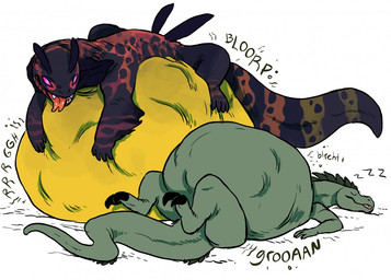 ambiguous_gender belly big_belly bloated digestion duo feral looking_down looking_down_at_another lying on_back on_front rumbling_stomach sleeping tongue tongue_out vore 934 amphibian lizard reptile scalie