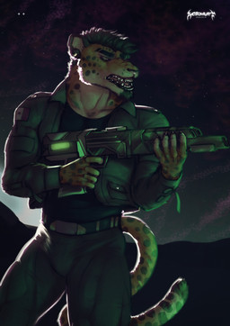 anthro black_hair black_nose clothed clothing ear_piercing facial_spots fangs front_view fur gauged_ear gun hair holding_gun holding_object holding_ranged_weapon holding_weapon male male_anthro night open_mouth outside piercing ranged_weapon solo spotted_face spotted_legs standing teeth weapon white_body white_fur yellow_body yellow_eyes yellow_fur acidwuff felid mammal 2024 absurd_res dated hi_res portrait three-quarter_portrait