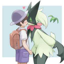ambiguous_gender anthro backpack blush blush_lines bodily_fluids bottomwear brown_hair clothed clothed_human clothed_male clothing duo eyelashes eyes_closed hair hands_behind_back hat headgear headwear heart_symbol human_on_anthro interspecies kissing kissing_cheek leaning leaning_forward love male male/ambiguous male_on_anthro narrow_shoulders pokephilia purple_bottomwear purple_clothing purple_shorts school_uniform shirt shorts simple_background standing sweat sweatdrop topwear uniform uva_academy wide_hips young erumeruta nintendo pokemon florian_(pokemon) felid feline generation_9_pokemon human mammal meowscarada pokemon_(species) 1:1 digital_drawing_(artwork) digital_media_(artwork)