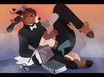 abstract_background ambiguous_gender anthro antlers belt blue_background blush bottomwear bow_tie brown_body brown_fur clothed clothing clothing_lift clumsy crotch_grab ear_grab ear_pull embarrassed facial_piercing flustered flustered_male fondling fur grope group hooves horn male male/ambiguous nose_piercing nose_ring nose_ring_pull orange_background pants piercing piercing_pull ring_piercing shirt shirt_lift simple_background spread_legs spreading submissive submissive_male tan_body tan_fur topwear touching_chest touching_crotch kindreddemon deer mammal
