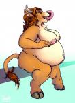 anthro areola belly big_belly big_breasts biped breasts brown_hair female hair hooves horn navel nipples nude open_mouth overweight overweight_anthro overweight_female sitting solo tongue tongue_out oddwilds eleanor_(queue) bovid bovine cattle mammal 2014 digital_media_(artwork)