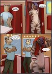 anthro blue_eyes bottomwear casual_nudity clothed clothed/nude clothed_male clothing comic crossed_arms dialogue duo ear_piercing ear_ring english_text eyebrows flaccid fur genitals glans green_eyes hair hair_over_eye hi_res humanoid_genitalia humanoid_penis hyena male male/male mammal navel nude one_eye_obstructed pants penis pickles-hyena piercing ring_piercing russel_(pickles-hyena) shirt shower speech_bubble striped_body striped_fur striped_hyena stripes t-shirt text topwear towel tyler_johnson