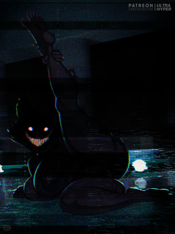 4_toes anthro areola barefoot barely_visible_genitalia barely_visible_vulva big_breasts big_butt black_areola black_body black_nipples breasts butt claws creepy_face creepy_smile detailed_background feet female genitals glistening glistening_body glowing glowing_eyes grin holding_leg looking_at_viewer lying nightmare_fetish_fuel nightmare_fuel nipples nude one_leg_up raised_leg scary seductive shadow_face sharp_teeth smile solo static teeth teratophilia text toes vhs_filter vulva water ultrahyper patreon subscribestar the_backrooms backrooms_creature humanoid mammal monster smiler_(the_backrooms) censored digital_drawing_(artwork) digital_media_(artwork) english_text hi_res signature