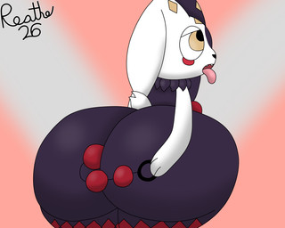 ambiguous_gender anal anal_bead_pull anal_beads anal_beads_in_ass anal_penetration anthro big_butt black_body black_ears butt fangs huge_butt looking_pleasured looking_up multicolored_body object_in_ass open_mouth penetration pink_background pink_tongue rear_view red_mouth scut_tail sex_toy sex_toy_in_ass sex_toy_insertion sharp_teeth short_tail simple_background solo tail teeth thick_thighs tongue tongue_out two_tone_body white_body white_ears white_tail yellow_eyes reathe palworld pocketpair dupin_(pal) lagomorph leporid mammal pal_(species) rabbit 2026 5:4 colored digital_media_(artwork) hi_res shaded signature