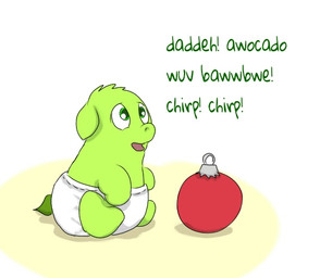ambiguous_feral ambiguous_gender animal_noises baby_talk chirping christmas_bauble christmas_decorations christmas_ornament clothed clothing dialogue diaper featureless_feet featureless_hands feet feral fur green_body green_eyes green_fur green_tail green_text happy looking_up monotone_body monotone_fur neonate offscreen_character open_mouth ornament sitting smile solo tail text wearing_diaper white_diaper young young_ambiguous young_feral carpdime fluffy_pony avocado_(fluffy_pony) fluffy_pony_(species) mammal digital_media_(artwork) english_text shaded