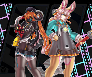 5_fingers angry anthro big_sword black_body black_clothing black_hoodie black_topwear blue_body blue_bottomwear blue_clothing blue_eyes blue_fur blue_skirt bottomwear braided_hair clothed clothing cosplay crossdressing duo eyewear fingers flamethrower fur glasses gloves gradient_fur hair handwear hoodie horn knife legwear looking_at_viewer machine male markings military_beret orange_hair pink_hair pink_markings ranged_weapon round_glasses skirt tail_weapon tan_body tan_fur thigh_highs topwear weapon white_body white_fur yellow_clothing yellow_eyes yellow_gloves yellow_handwear shyder mihoyo zenless_zone_zero mi-y0 shyder_cutetail android bovid caprine lagomorph leporid mammal rabbit robot sheep 6:5 absurd_res hi_res
