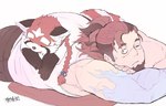 anthro braided_hair braided_ponytail duo eyebrows facial_hair hair lying male on_front one_eye_closed ponytail sleeping slightly_chubby thick_eyebrows young young_anthro young_male hijirinoyuta lifewonders tokyo_afterschool_summoners boogeyman_(tas) zhurong_(tas) ailurid human mammal red_panda hi_res