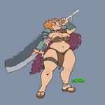 3_fingers anklet anthro armor big_breasts blue_background bottomwear breasts cape claws cleavage cleavage_overflow cleaver clothed clothing eye_patch_bikini female fingers footwear green_eyes hair holster hooves jewelry loincloth navel orange_hair overweight overweight_anthro overweight_female pauldron sandals scar shoes simple_background solo thick_thighs toe_claws tooth_necklace tusks under_boob vambrace wide_hips lemuzaurio gajome_(redustheriotact) mammal orc suine 1:1 2025 hi_res signature