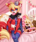 alternative_fashion anthro bedroom cape clothed clothing crown dessert doughnut food fruit headgear inside j-fashion male ouji_(fashion) pastry plant plushie solo strawberry strawberry_jam pollo-chan banto-kun canid canine fox mammal digital_media_(artwork) shaded