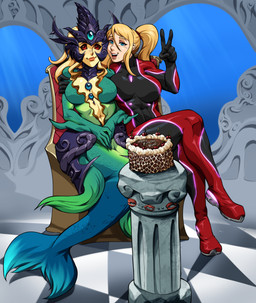 arm_around_shoulders arm_fin armor birthday_cake black_sclera blonde_hair blue_eyes bodysuit cake candy chocolate chocolate_cake clothing crossed_legs crossover_ship crown dessert duo faulds female female/female fin food gesture gorget green_body green_skin hair hand_gesture happy headgear hip_fins interspecies jewelry long_hair markings mole_(marking) necklace pedestal ponytail posing_for_picture red_eyes scales sitting skinsuit smile smiling_at_viewer split_form tight_clothing v_sign yellow_body yellow_skin nina_kittie league_of_legends metroid nintendo riot_games tencent nami_(lol) samus_aran human humanoid mammal marine merfolk absurd_res crossover hi_res